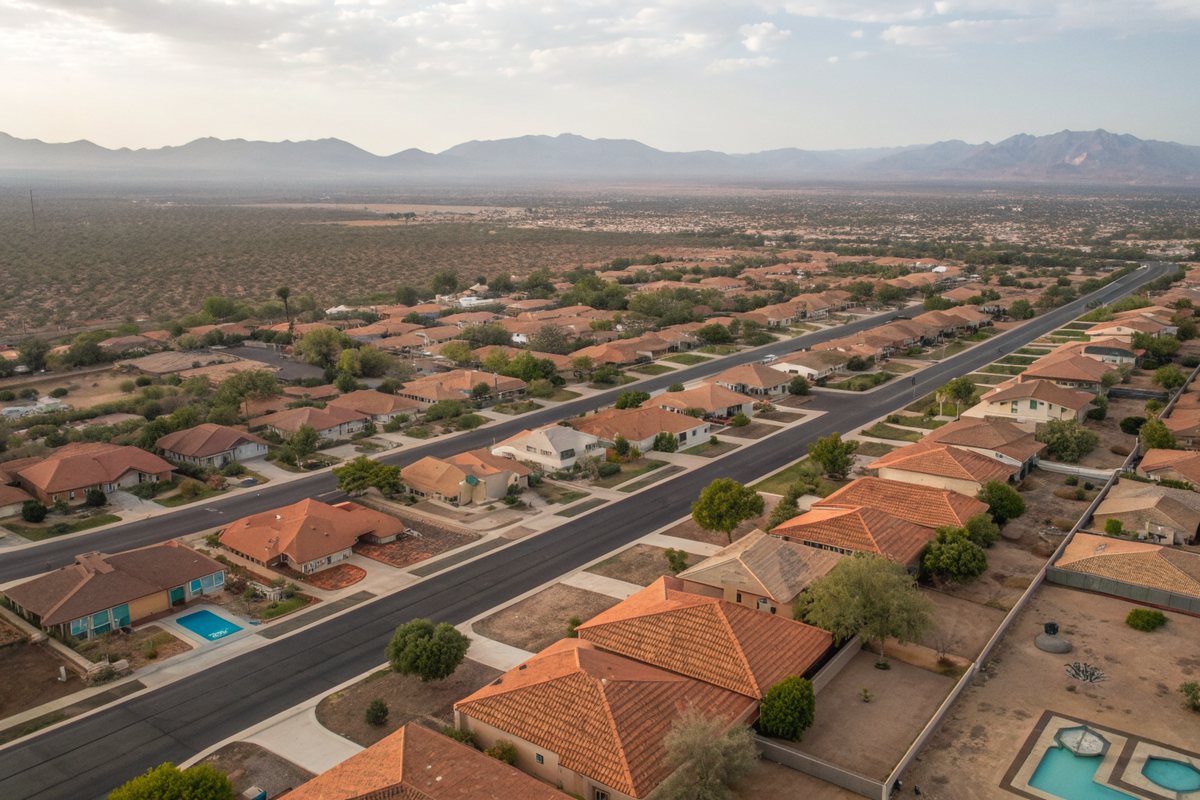 Aerial view of a desert subdivision of orange tile roofs and backyard pools on a straight street grid, with mountains along the horizon