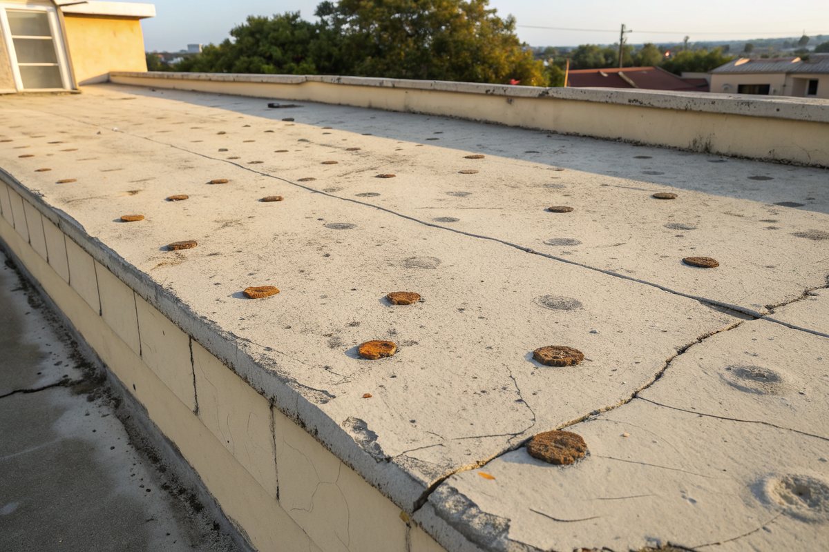 Weathered beige foam roof surface pocked with round blisters and fine cracks beside a stucco parapet