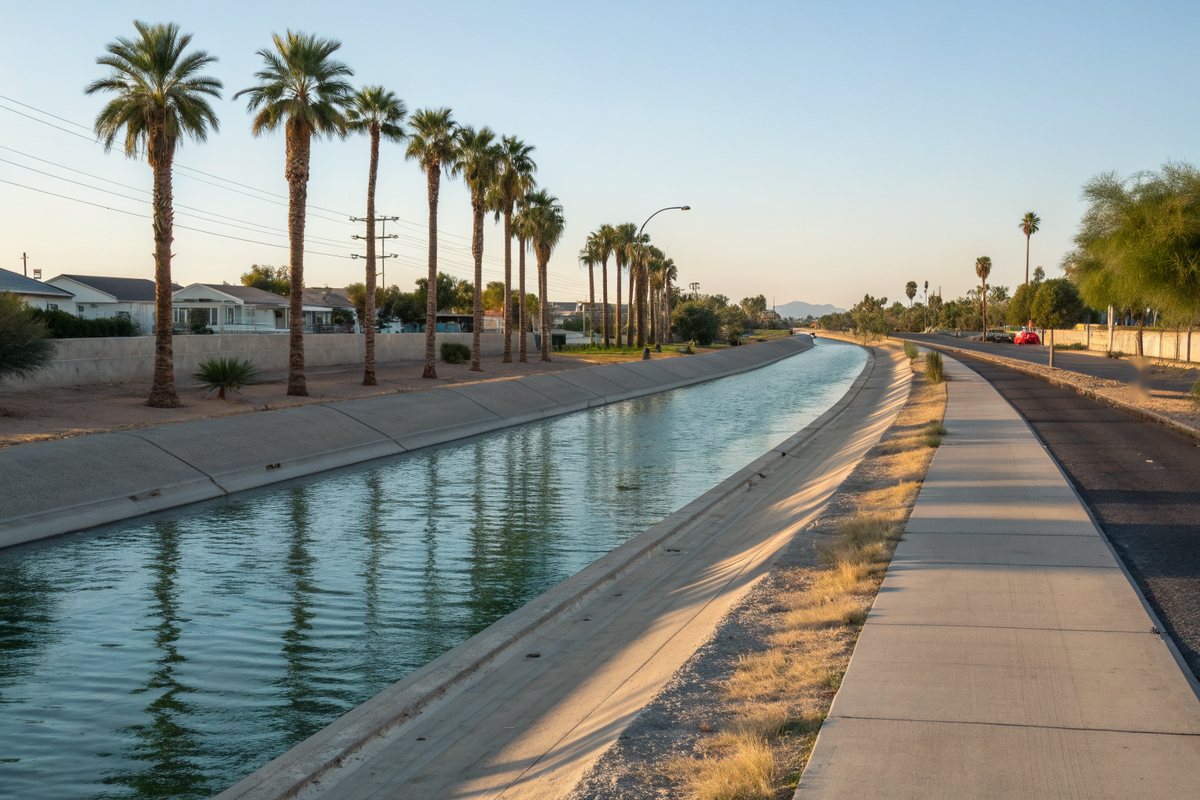 Concrete-lined desert canal with a paved path along it and a long row of tall palm trees in early morning light