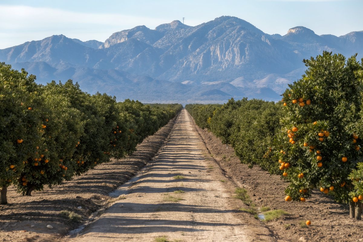 Long rows of orange trees heavy with ripe fruit in a desert grove, with a rugged mountain range beyond