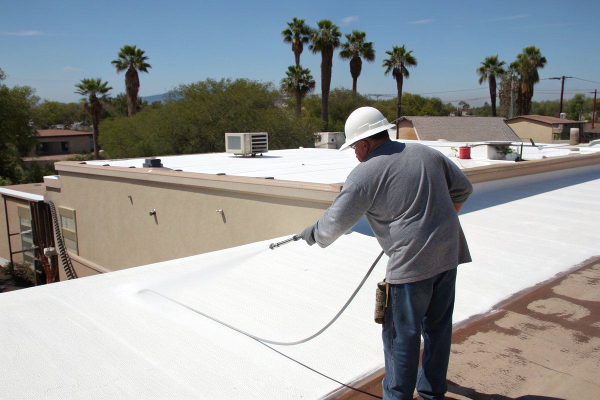 Worker in a white hard hat spraying white elastomeric coating across a flat roof behind a low parapet, palm trees beyond