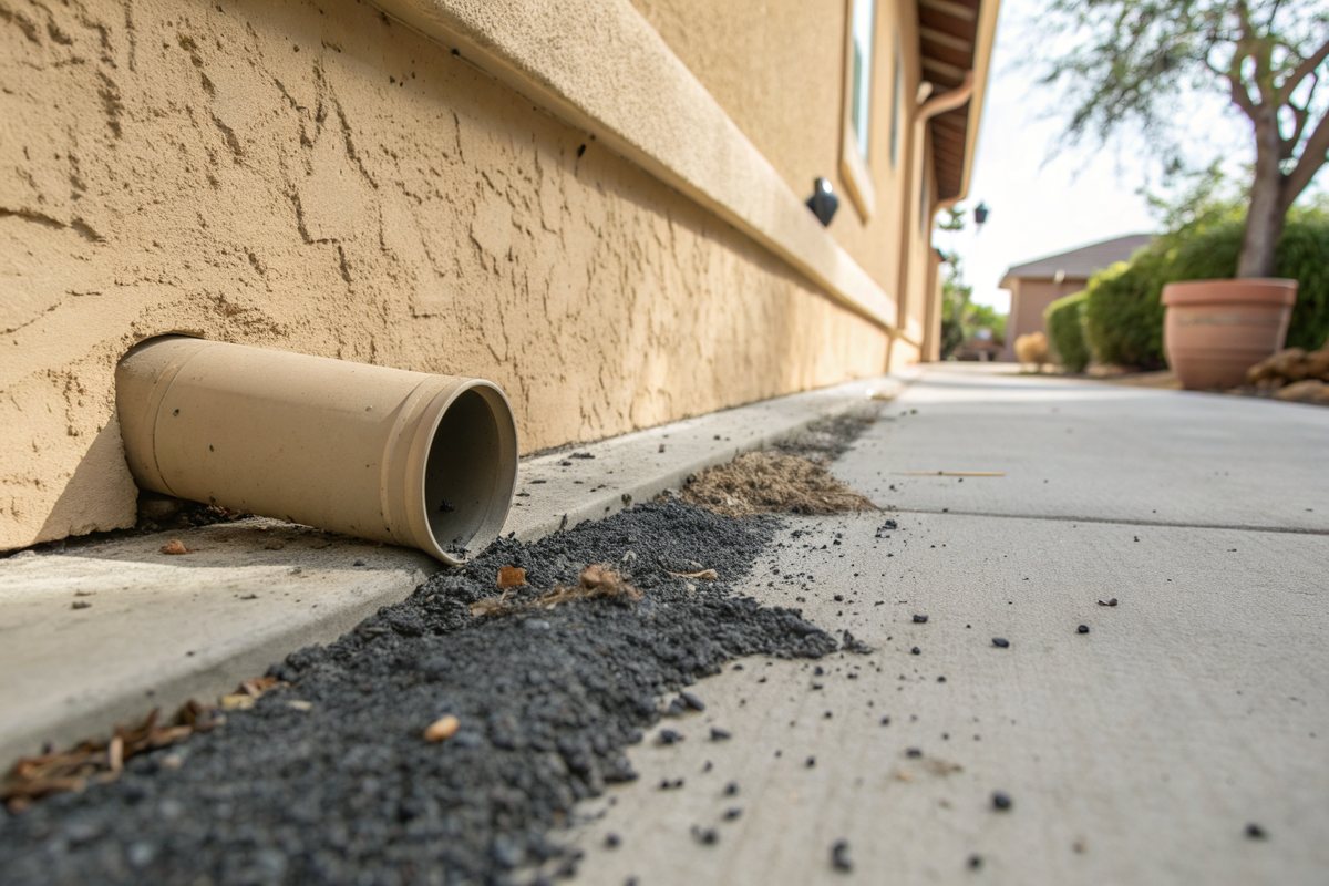Dark asphalt roof granules washed out of a downspout and spread across a concrete patio beside a tan stucco wall