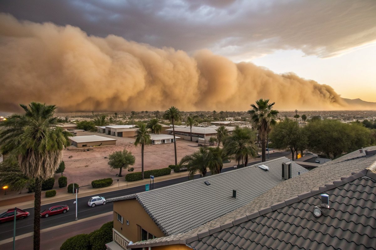 Towering wall of brown dust rolling across a flat valley toward low suburban rooftops and palm trees