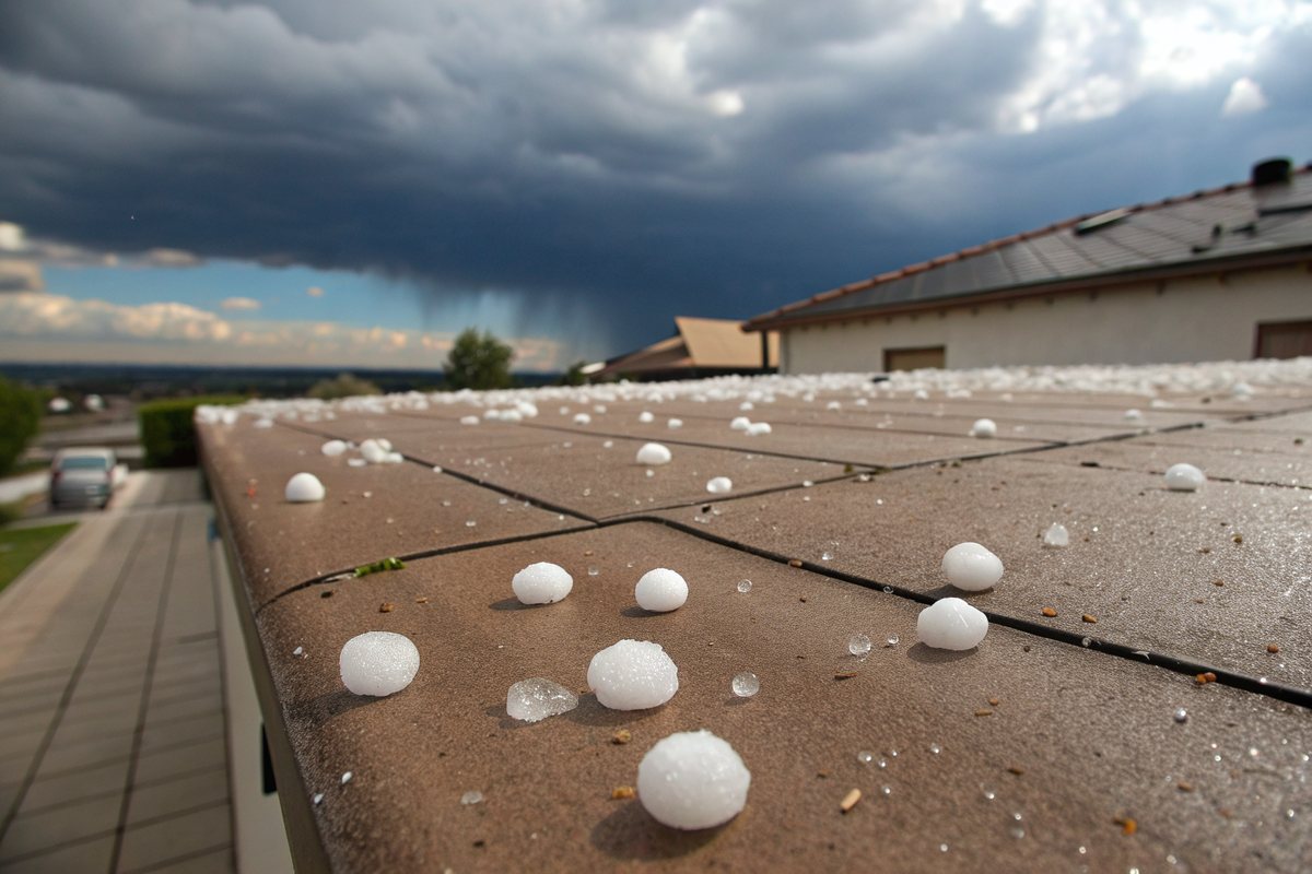 White hailstones scattered across a wet concrete tile roof under dark storm clouds