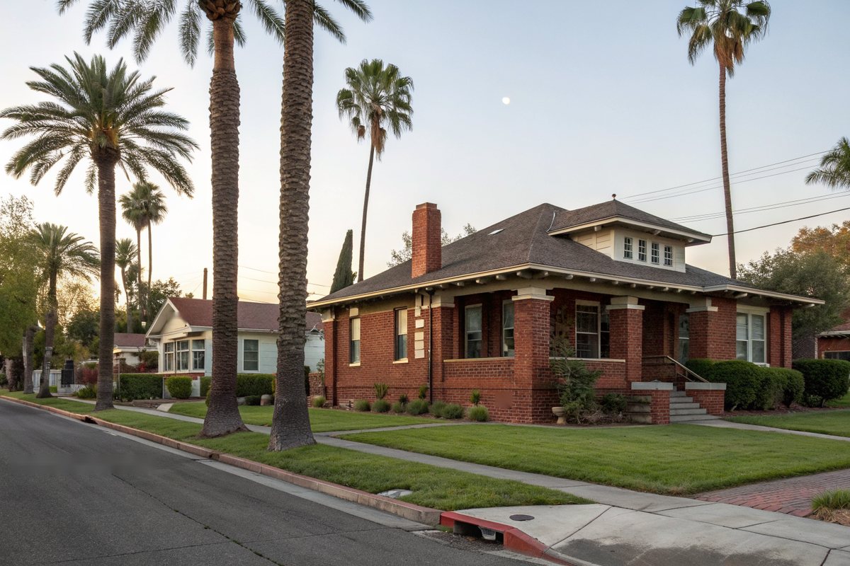 1920s red brick bungalow with a deep front porch and hip roof on a lawn-lined street of very tall palm trees