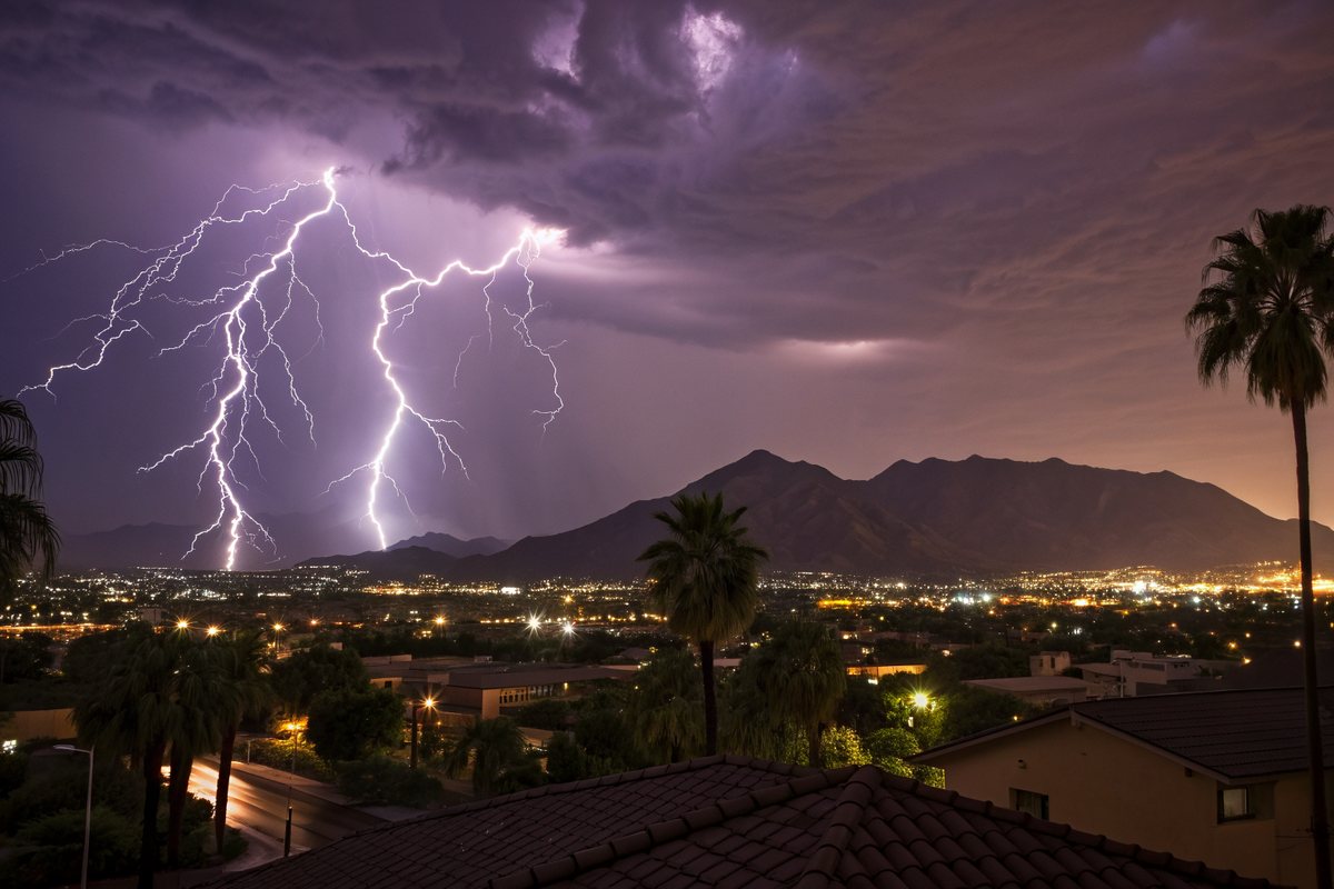 Forked lightning striking from purple monsoon clouds over a mountain and city lights, with dark rooftops and palms in the foreground