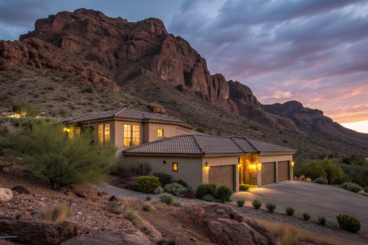Single-story stucco home with a brown tile roof and glowing windows at the foot of a rocky red desert mountain at dusk