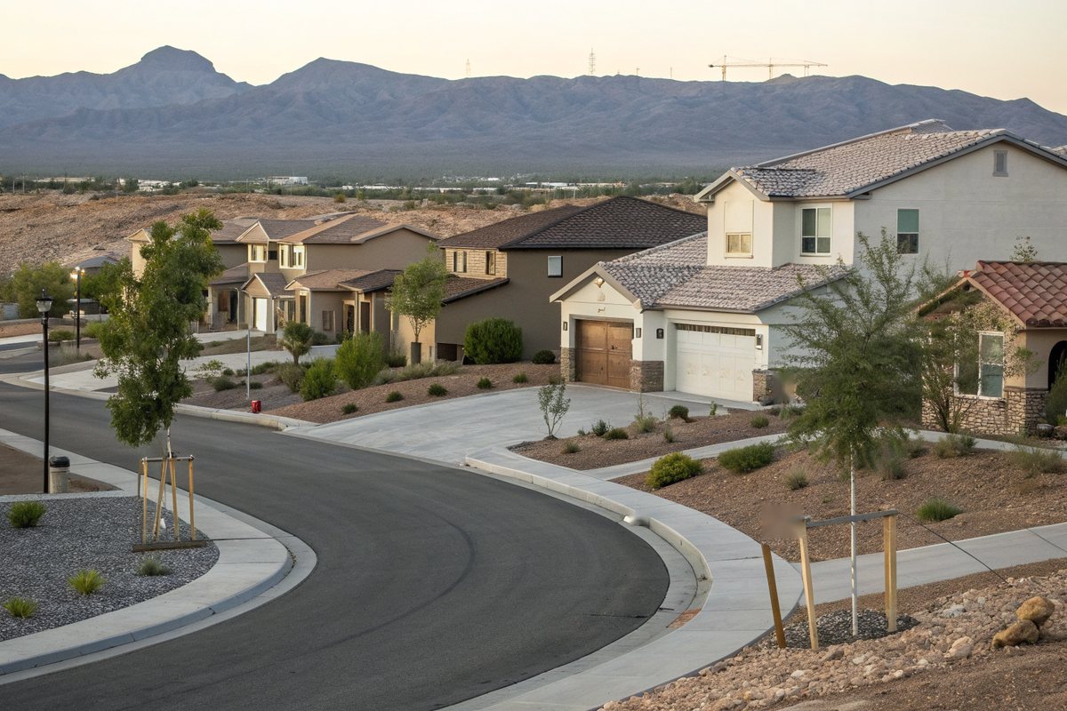 Curving street of newer stucco homes with tile roofs, young staked trees and fresh gravel landscaping below desert mountains