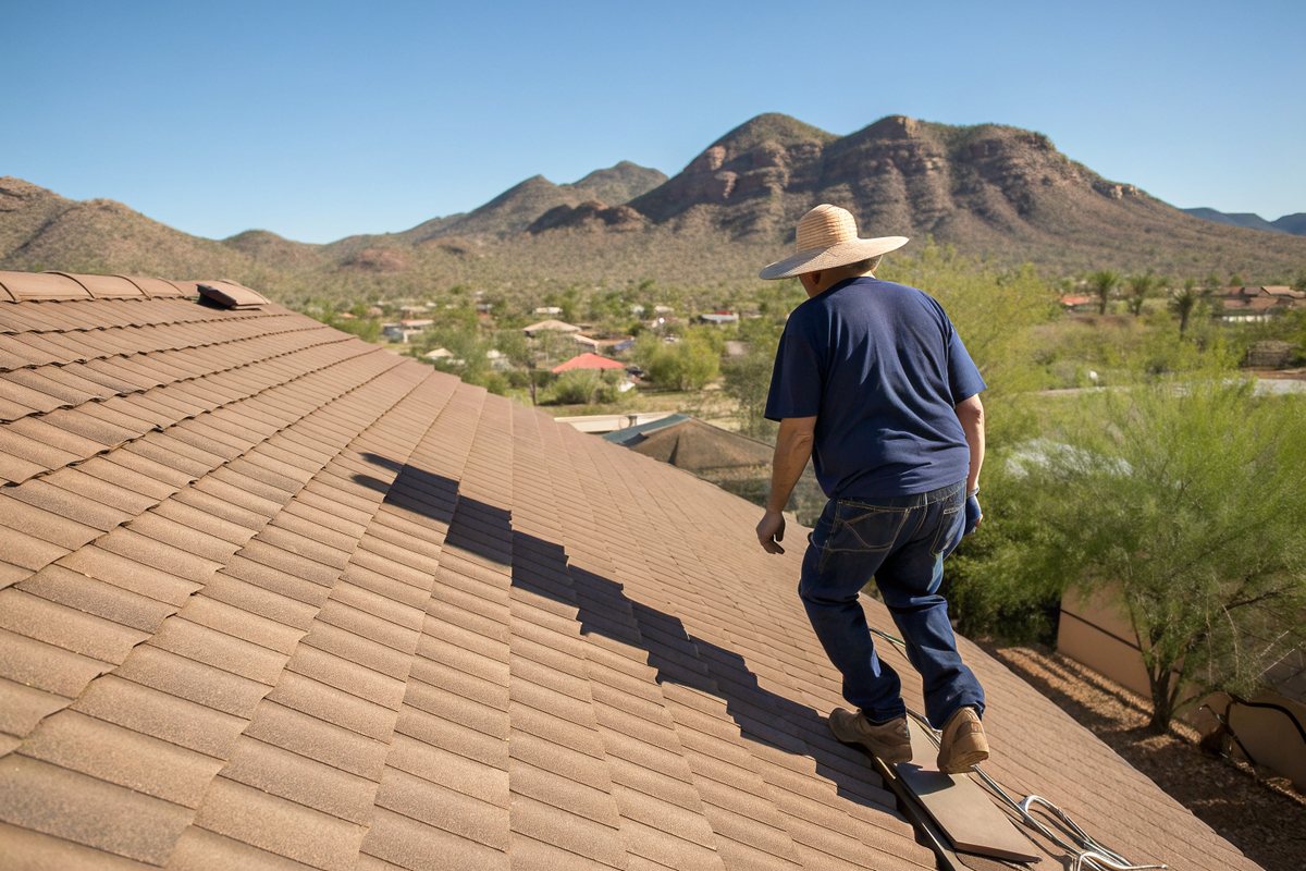 Roofer in a wide-brim sun hat seen from behind, stepping carefully up a sloped tile roof toward desert mountains