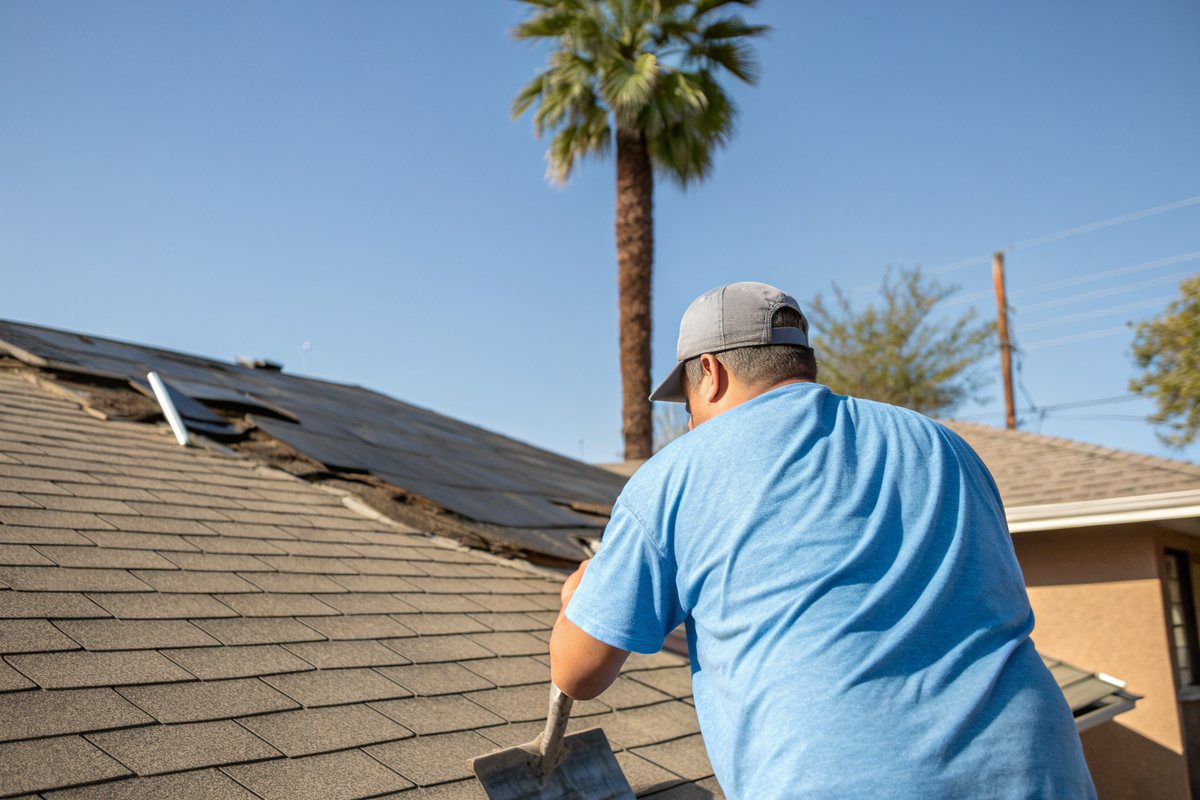 Worker in a blue t-shirt and gray cap, seen from behind, prying old gray shingles off a stucco ranch roof with a tear-off shovel