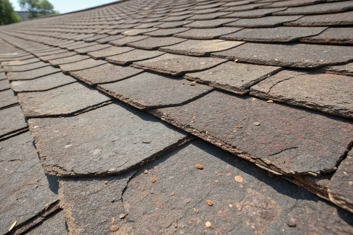 Close-up of old asphalt shingles curling at the edges and split by deep sun cracks