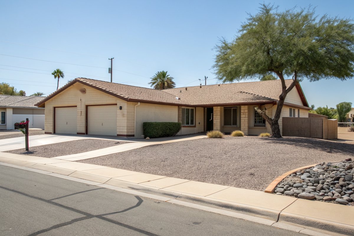 Single-story ranch home with a tan asphalt shingle roof, two-car garage and a gravel front yard under a mesquite tree