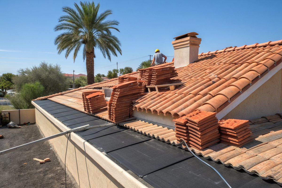 Stacks of removed terracotta S-tiles lined up on a roof over new black underlayment during a tile re-lay, a palm tree beyond