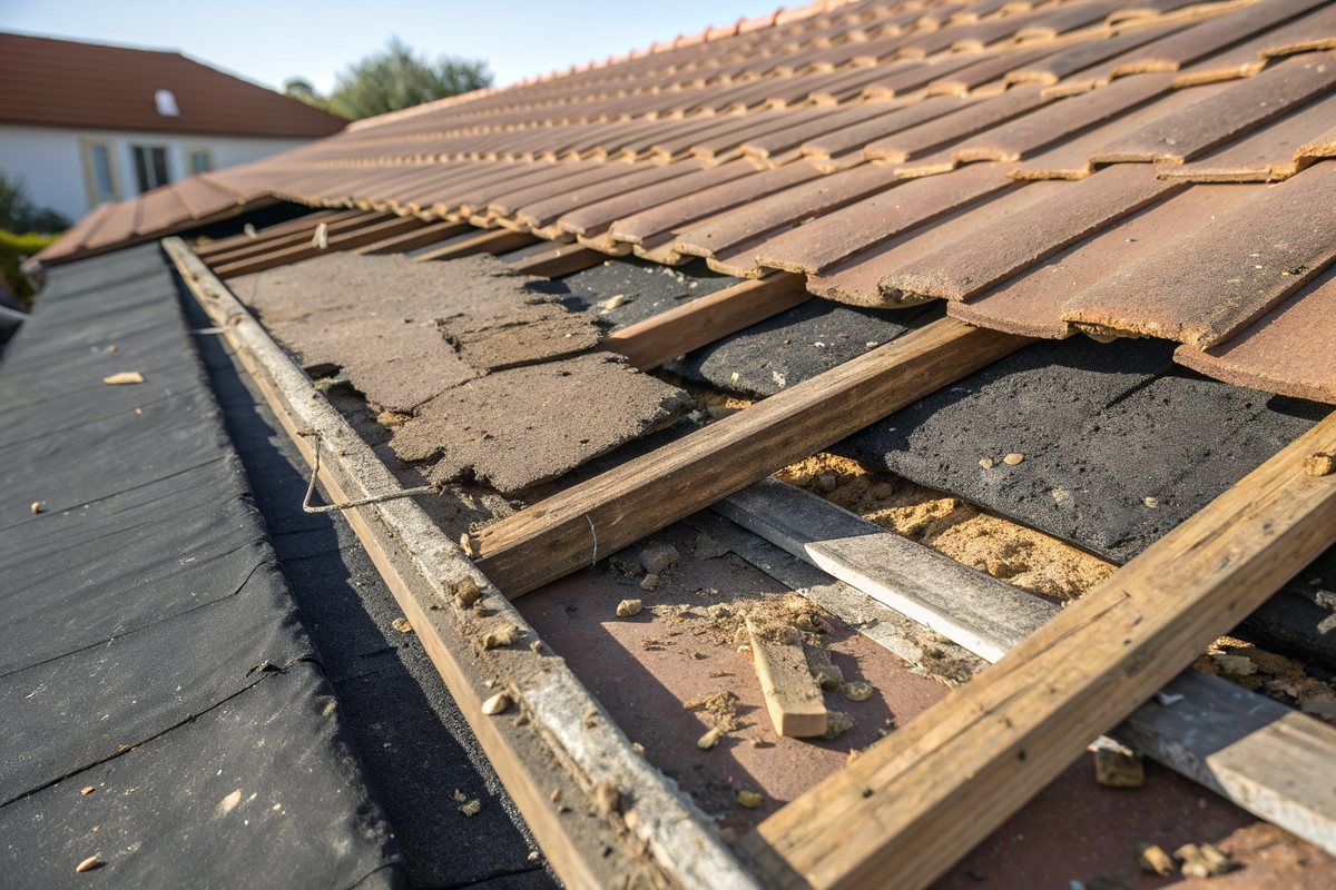 Brown concrete roof tiles lifted back to show brittle, torn black underlayment and old wood battens beneath