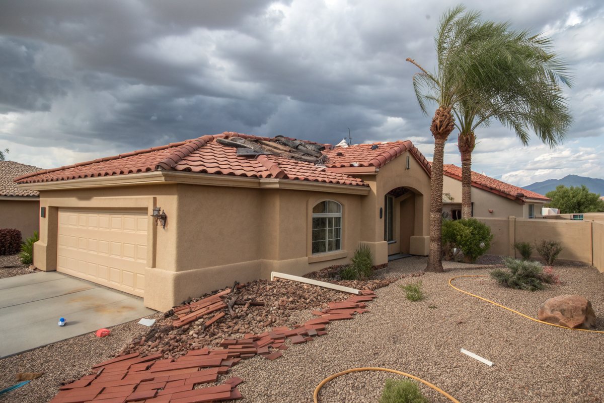 Tan stucco home with tiles torn loose along the roof hip after a wind storm, broken roof tiles scattered on the gravel yard